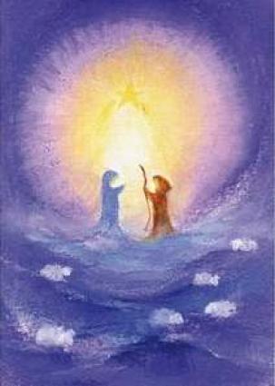 Postkarte, Josef und Maria im Licht des Sterns